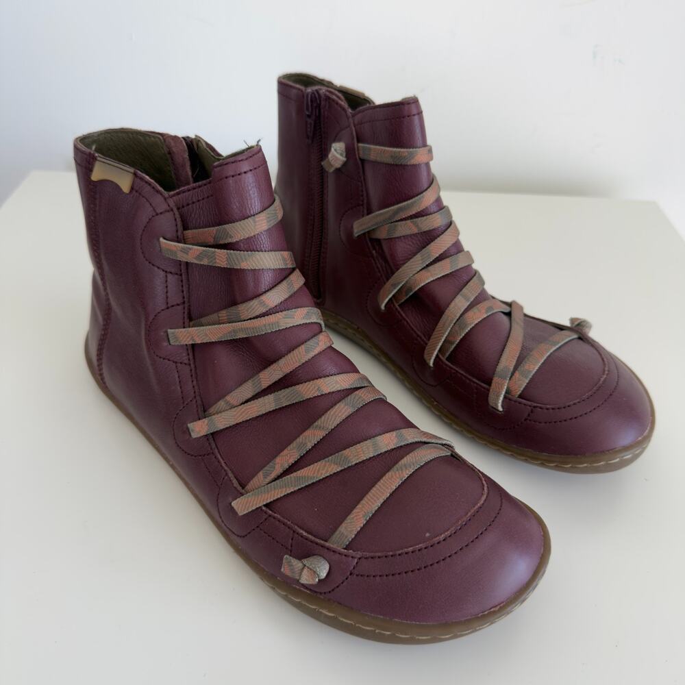 Camper Peu Cami Boots Women 41 US 10 Leather Ankle Lace Up Barefoot Plum Purple
